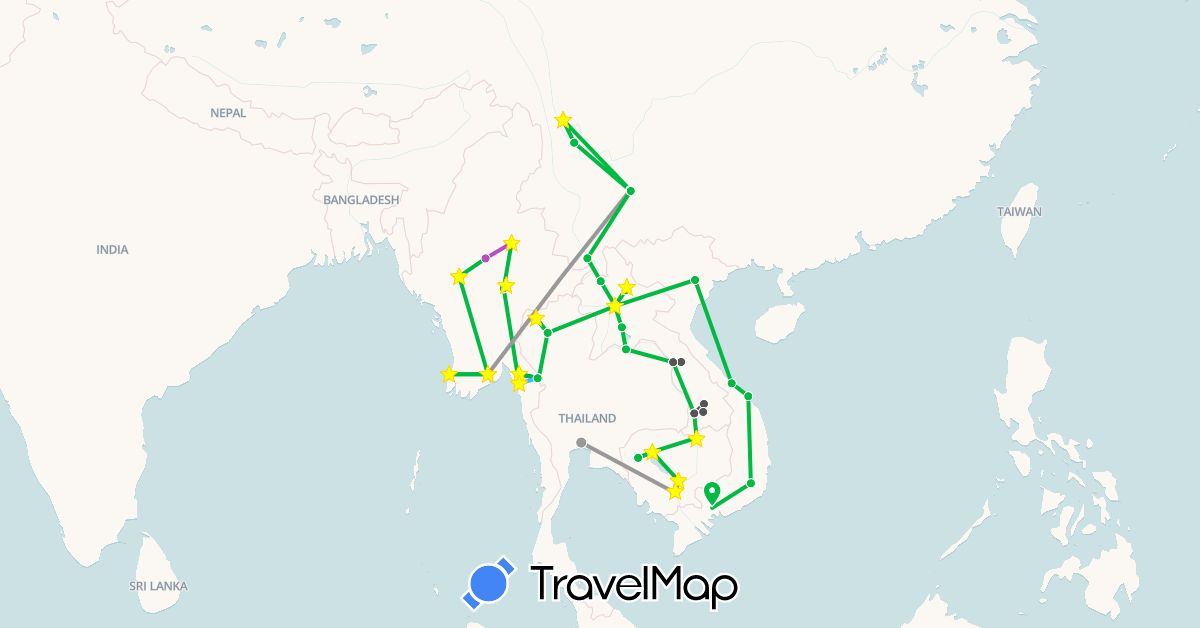 TravelMap itinerary: driving, bus, plane, cycling, train, boat, motorbike in China, Cambodia, Laos, Myanmar (Burma), Thailand, Vietnam (Asia)