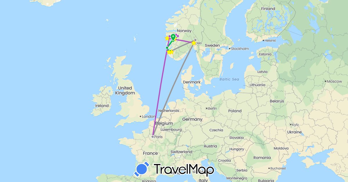 TravelMap itinerary: bus, plane, train, hiking, boat, hitchhiking in France, Norway (Europe)